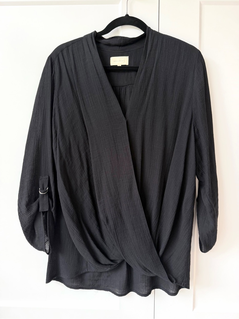 Black draped V-Neck surplice wrap blouse
